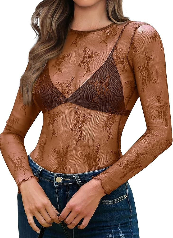 OFEEFAN Womens Mesh Tops Lace Long Sleeve Shirts Crewneck Slim Fitted Outfits See Through Blouses | Amazon (US)