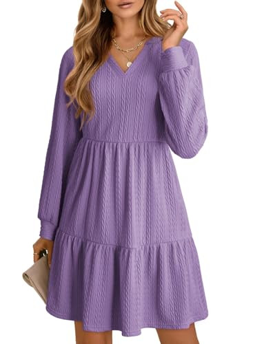Dokotoo Fall Wedding Guest Dresses for Women Long Sleeve V Neck Textured Casual Tiered Ruffle A Line Swing Mini Babydoll Dress Short Soft Fashion Outfits Knit Sweater Dress Purple Small | Amazon (US)