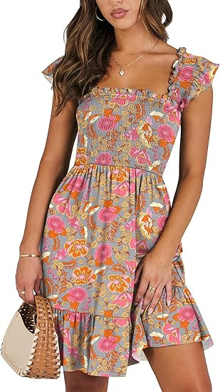 ANRABESS Women's Summer Casual Sleeveless Square Neck Dress 2026 Smocked Ruffle Backless Boho Bea... | Amazon (US)