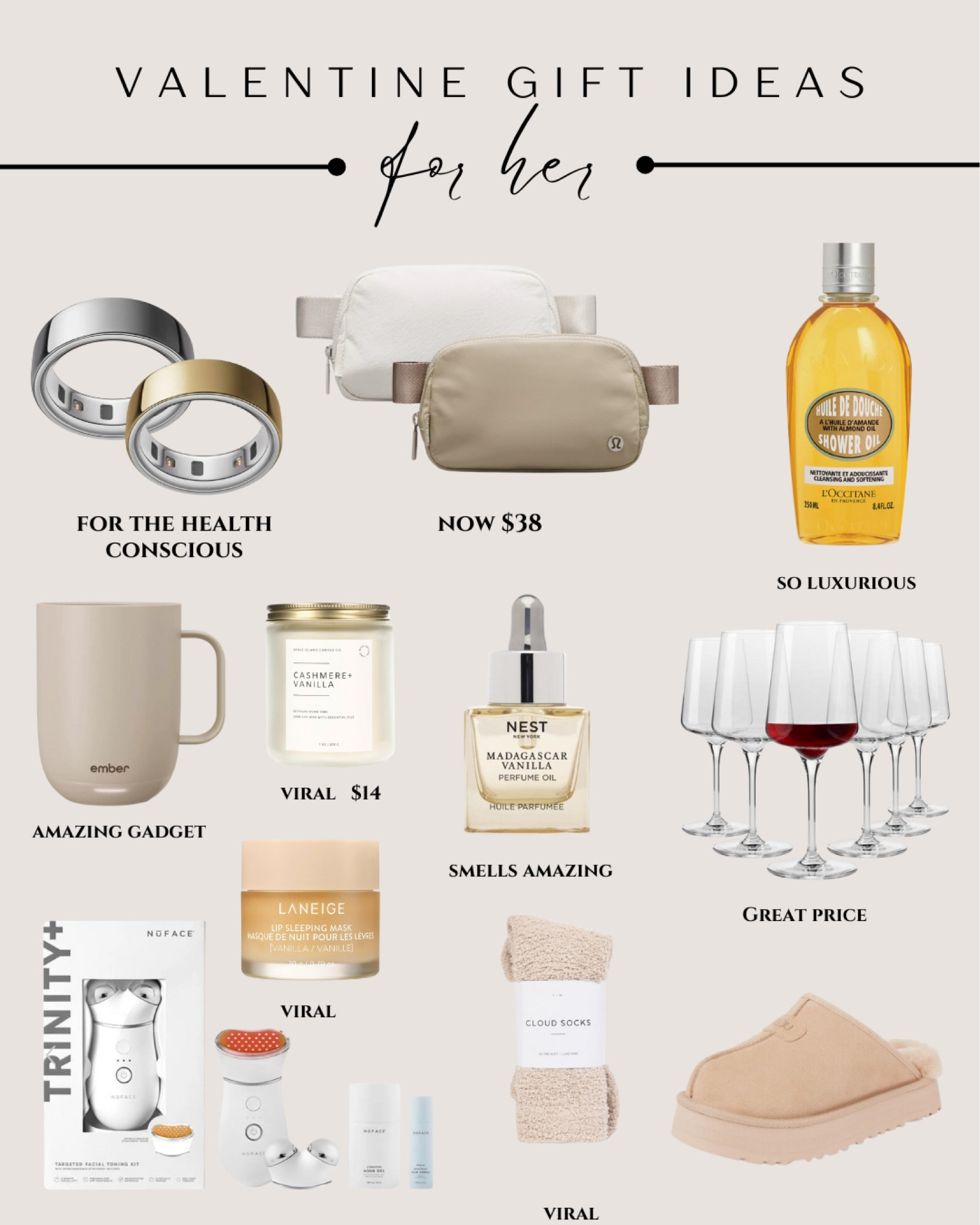 Valentine’s Day. Gift idea. For her. Oura ring. Belt bag. Lululemon. Shower oil. Ember mug. Candle. Fragrance. Perfume. Wine glasses. Red light therapy. Skincare. Laneige. Lip mask. Socks. Ugg slippers  

#LTKFindsUnder100 #LTKGiftGuide #LTKSeasonal