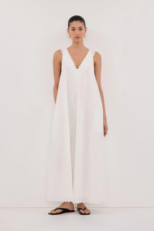 ANNABEL WHITE SLEEVELESS V NECK MIDI DRESS | DISSH