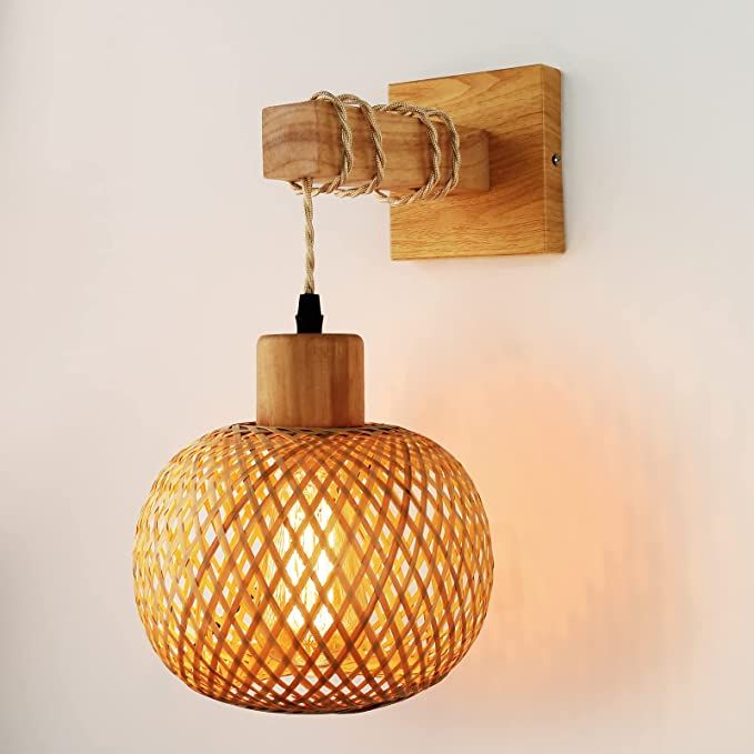 Rattan Wall Sconce Lighting - Frideko Rattan Lamps for Bedroom, Farmhouse Rustic Wall Sconces, Wa... | Amazon (US)