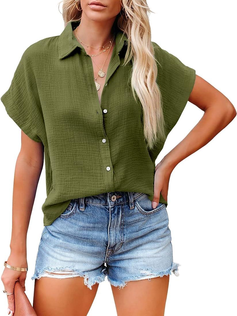 Davenil Women Button Down Shirts Cotton Linen Casual Collar Blouses | Amazon (US)