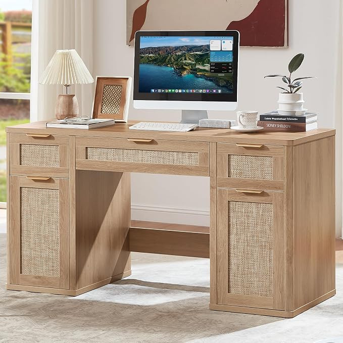 LEYAOYAO Office Desk 56" with 5 Drawers Storage File Cabinet | Rattan Wood Work Study Escritorio ... | Amazon (US)