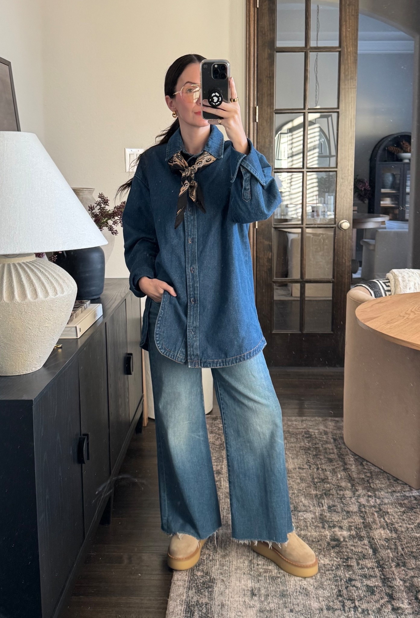 Causal mom outfit 
Denim on denim 
Scarf 
Blue light glasses 
Amazon
Nordstrom 

#LTKdayinmylife #LTKOver40 #LTKmomlife