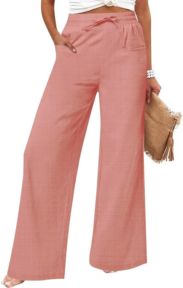 JEKAOYI Women's Casual Linen Wide Leg Pants with Pockets Boho Palazzo High Waisted Drawstring Lou... | Amazon (US)