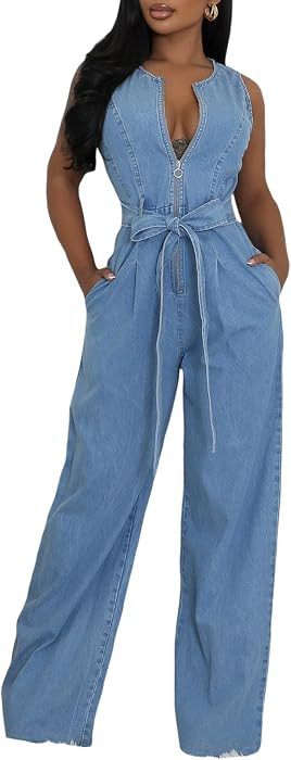 Denim Jumpsuit for Women Sleeveless High Waisted Jean Romper with Pockets | Amazon (US)