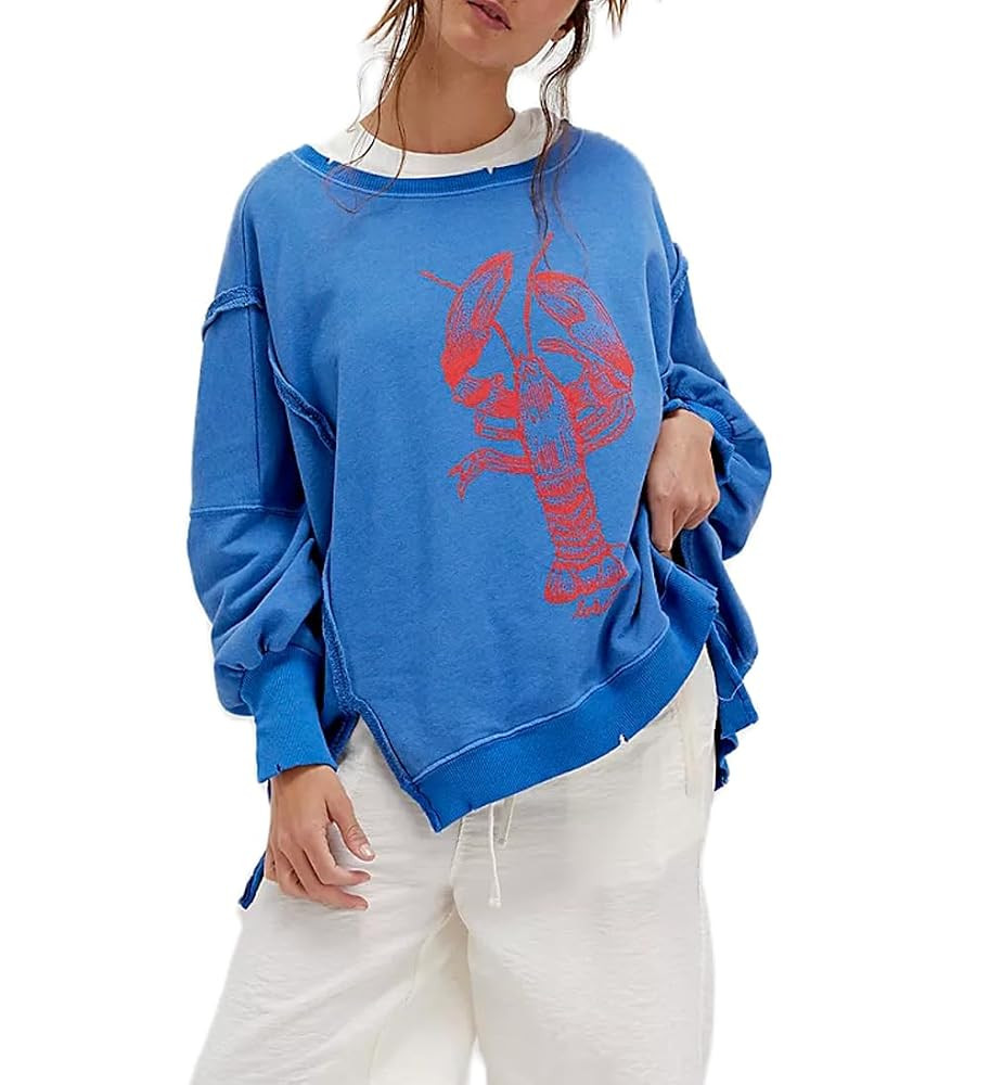 Amiblvowa Vintage Graphic Oversized Crewneck Sweatshirt for Women Floral Lobster Sardine Print Sw... | Amazon (US)
