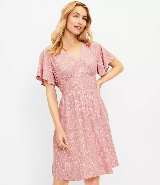 Dotted Flutter Sleeve V-Neck Dress | LOFT