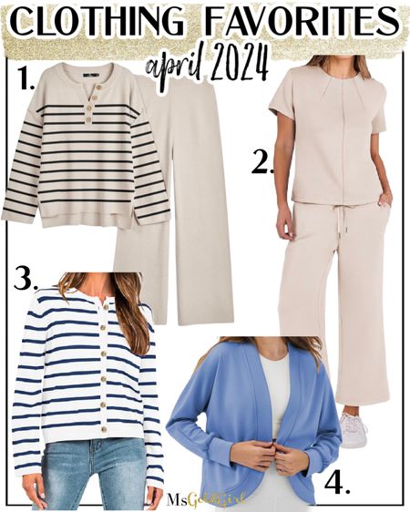 APRIL 2024 CLOTHING FAVORITES
1. Yes I ordered this again-but in a lighter color with stripes! It was a great travel outfit and it’s been perfect as a work from home outfit too!
2. Speaking of travel outfits-THIS one is hands down the best option! Wear it as shown for travel days, then add a jacket and nicer shoes for dinner or lunch out! Comes in a bunch of colors too and it’s under $40!
3. I love this striped cardigan so much. It’s the softest fabric!
4. This exact cardigan in blue is still available in a few sizes but not many, so I’ve linked the longer version as well. It’s the same fabric as outfit #2!

#clothingfavorites #fashionover40 #fashionover50 #traveloutfit #loungewear #preppy #workfromhome #amazonfinds 

#LTKfindsunder50 #LTKtravel #LTKover40