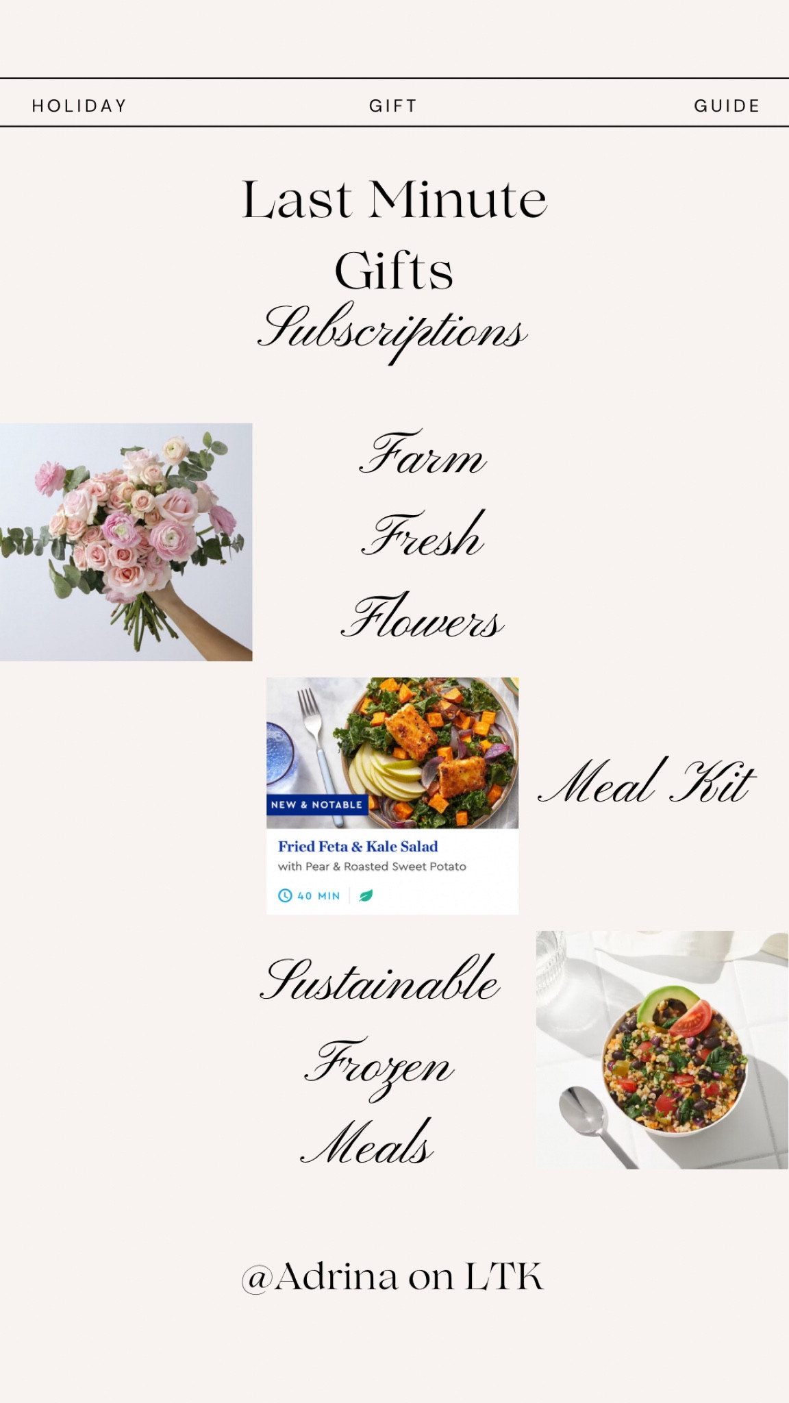 Last minute gift ideas: subscriptions! For the flower lover, foodie and health nut.

The Bouqs Co. | Blue Apron | Daily Harvest

#LTKfitness #LTKGiftGuide #LTKhome
