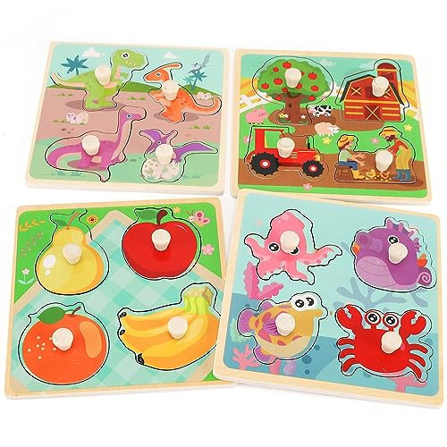 Wooden Peg Puzzles for Toddlers 1-3, Kids' Educational Preschool Peg Puzzle Toy, Set of 4 Toddler Puzzles - Farm, Dinosaur, Fruit and Marine Animals, Ideal Gift for Ages 1 2 3 Boys and Girls | Amazon (US)