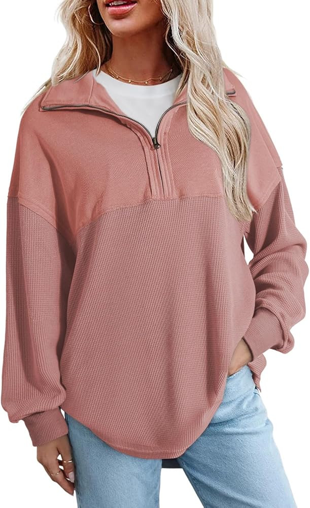 SHEWIN Womens Fall Sweatshirt Casual Waffle Knit Half Zip Pullover Loose Long Sleeve Tops | Amazon (US)