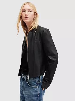 AllSaints Sadler Collarless Leather Jacket, Black | John Lewis (UK)