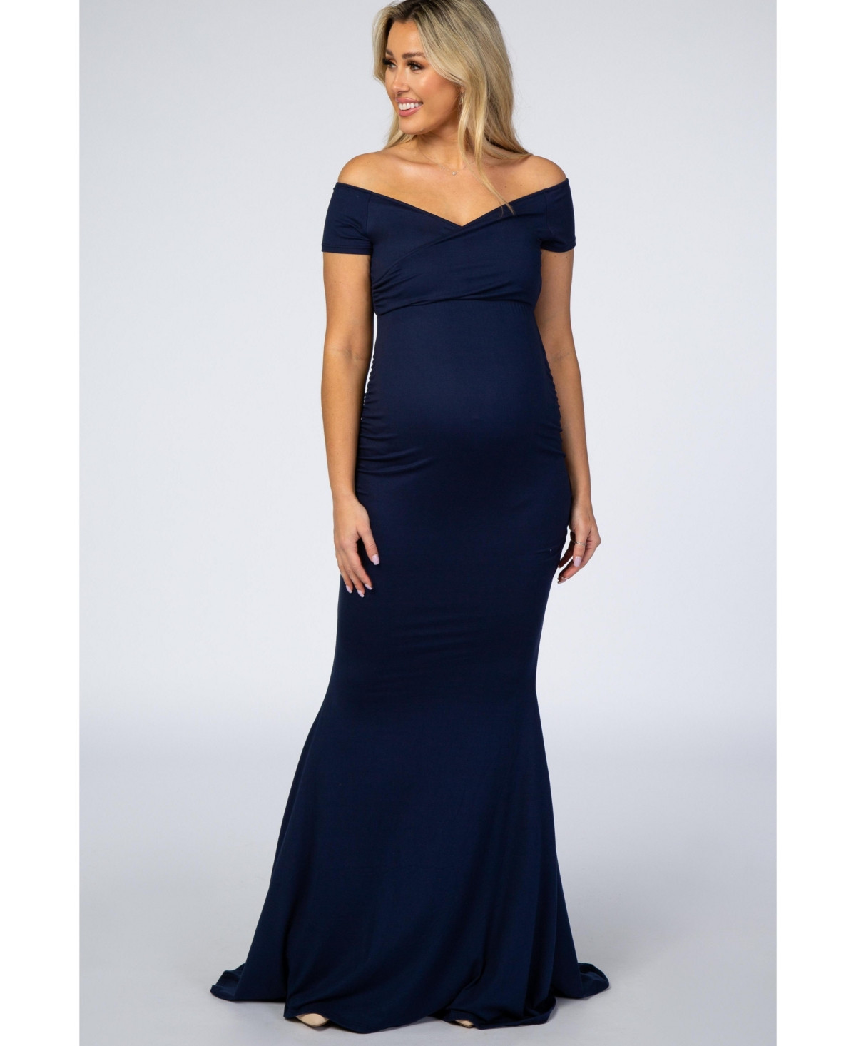 Pinkblush Maternity Navy Off Shoulder Wrap Photoshoot Gown/Dress - Blue | Macy's