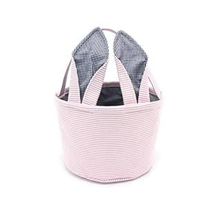 Easter Baskets Seersucker Easter Bunny Bag Bucket for Easter Egg Hunt Bunny Ears Design (Pink) | Amazon (US)