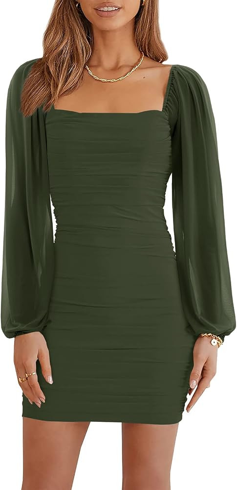 Wenrine Women Mesh Long Sleeve Square Neck Ruched Bodycon Mini Dress | Amazon (US)