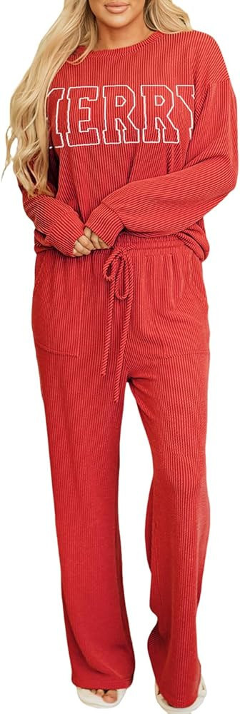 Deer Lady 2 Piece Sets for Women Fall Ribbed Long Sleeve Top and Pants Set Pocket Pajama Lounge S... | Amazon (US)