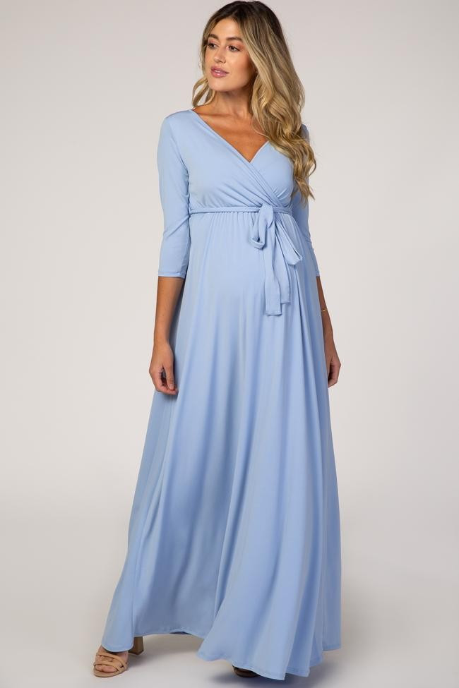 PinkBlush Periwinkle Draped 3/4 Sleeve Maternity Maxi Dress | PinkBlush Maternity