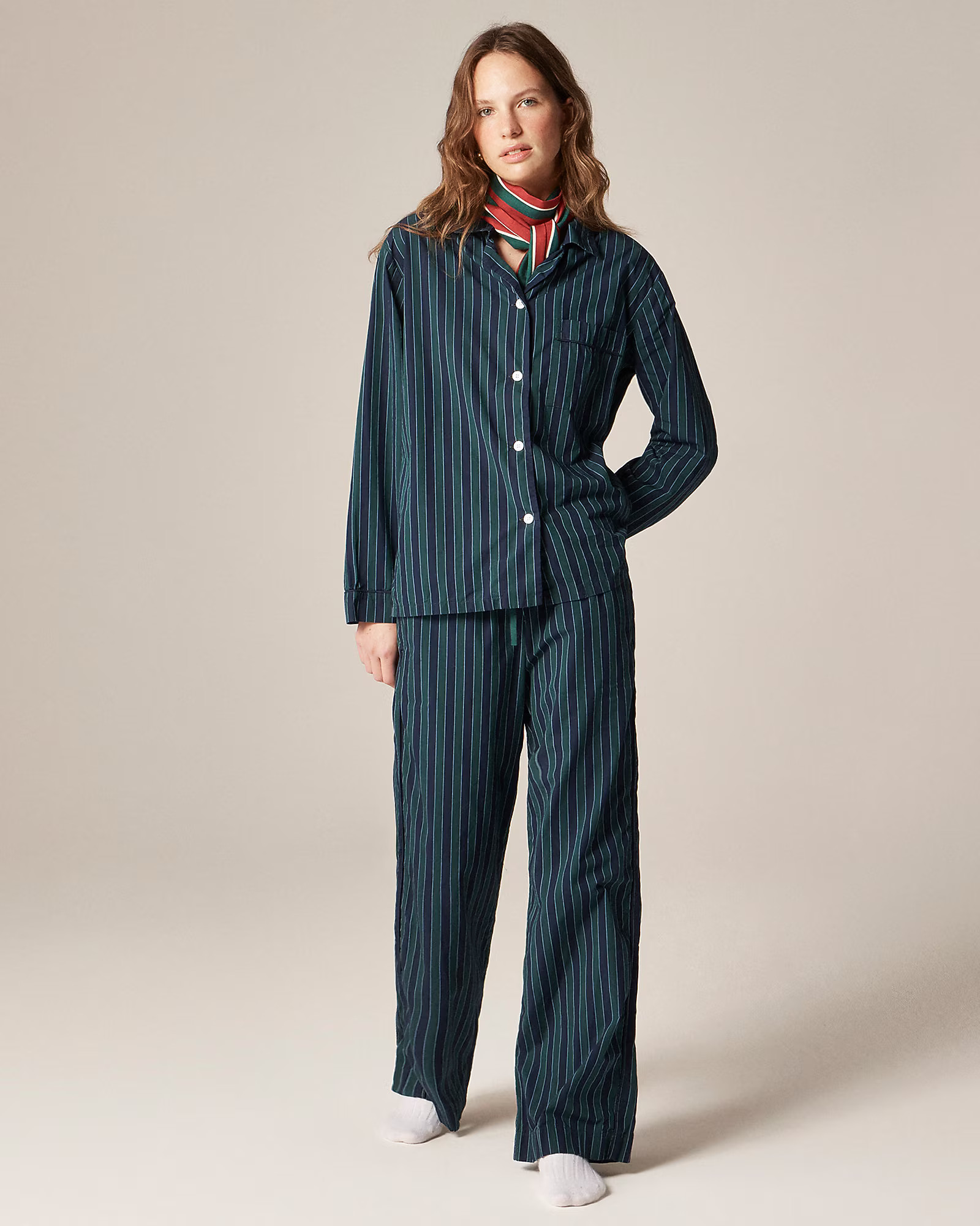 Cotton poplin long-sleeve pajama pant set in peppermint stripe | J. Crew US
