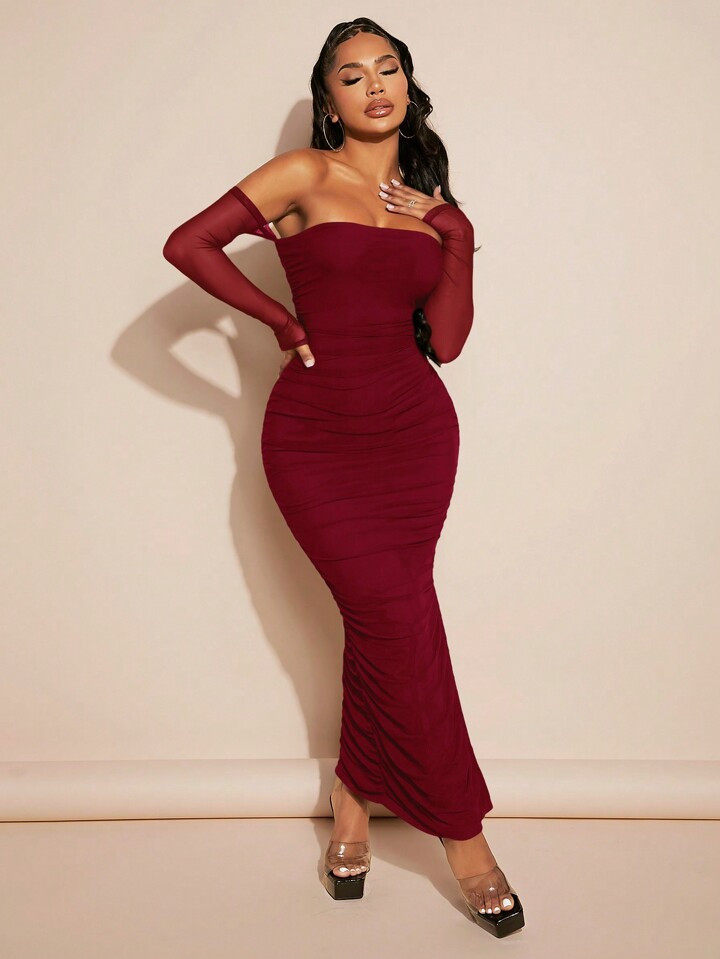 SHEIN LUNE Women's Solid Color Off-Shoulder Pleated Slim Fit Bodycon Dress | SHEIN