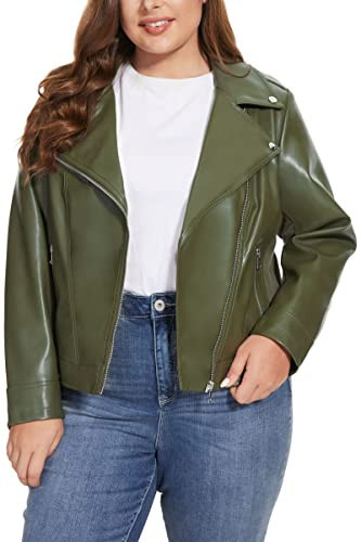 Fahsyee Women's Faux Leather Jackets, Plus Size Zip Up Motorcycle Short PU Moto Biker Outwear Fitted Slim Coat Green 1X | Amazon (US)