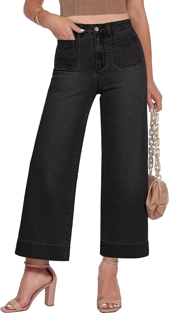 GRAPENT Cropped Jeans for Women Trendy 2026 Wide Leg High Waisted Patch Pocket Stretchy Denim Pan... | Amazon (US)