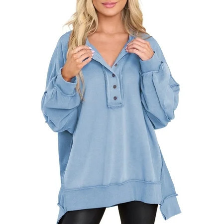 SHEWIN Women s Oversized Sweatshirt Casual Long Sleeve Button Henley Neck Pullover Sweatshirts for Women Light Patchwork Shirts Blue | Walmart (US)