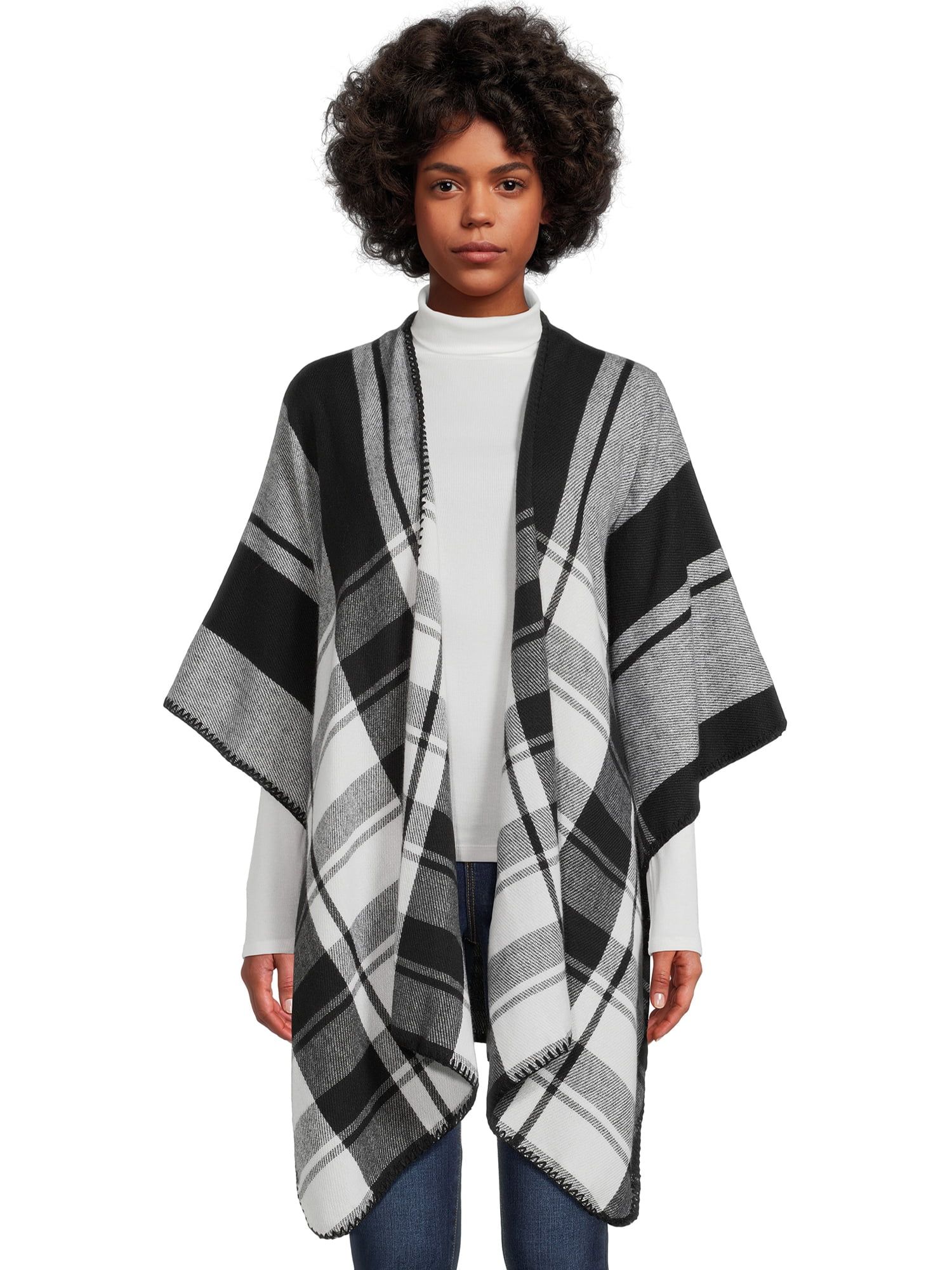 Time and Tru Women's Buffalo Plaid Ruana Wrap with Whipstitching | Walmart (US)