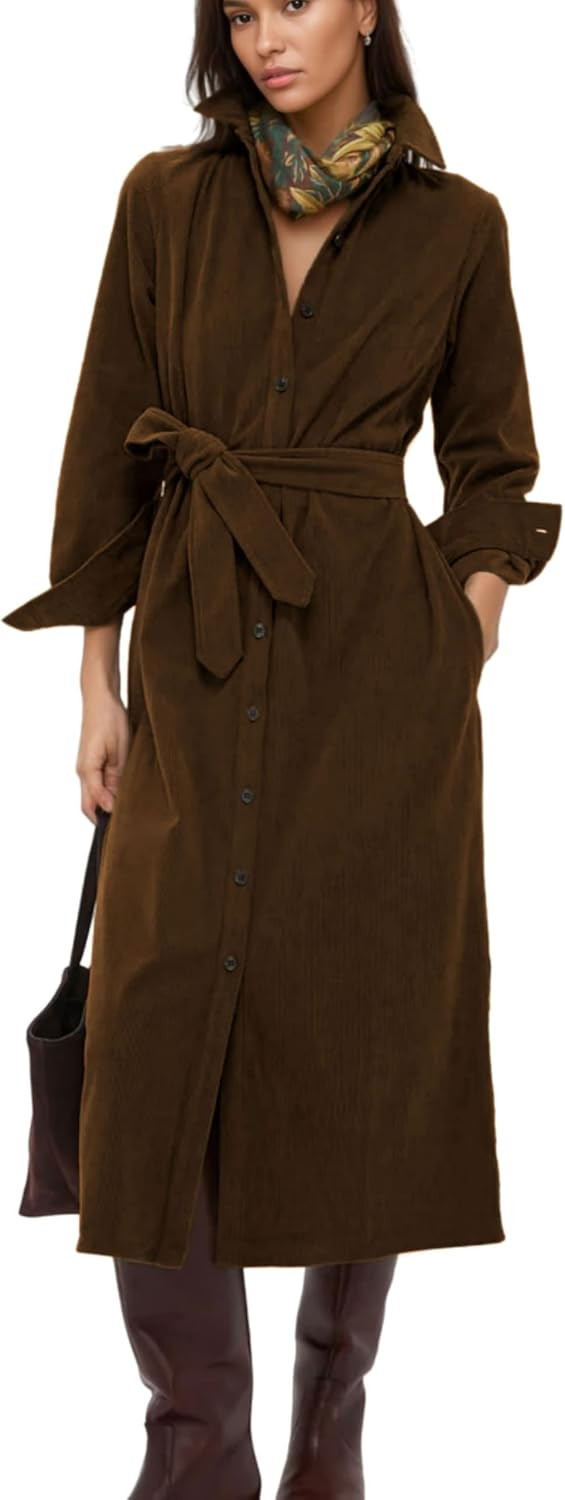 MINSURE Womens Fall Winter Corduroy Midi Dress Long Sleeve Collared Button Front Belted Flowy Shirt Dress with Pockets | Amazon (US)