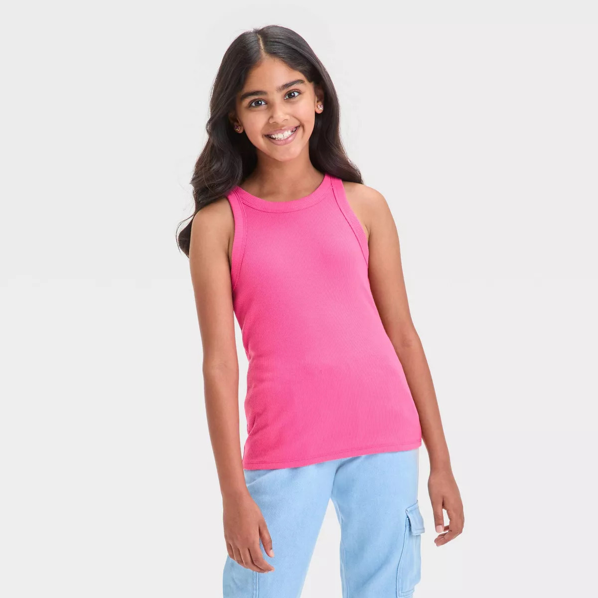 Girls' Ribbed Tank Top - Cat & Jack™ Dark Pink M: Cotton Blend, Recycled Polyester, Spandex, Sl... | Target