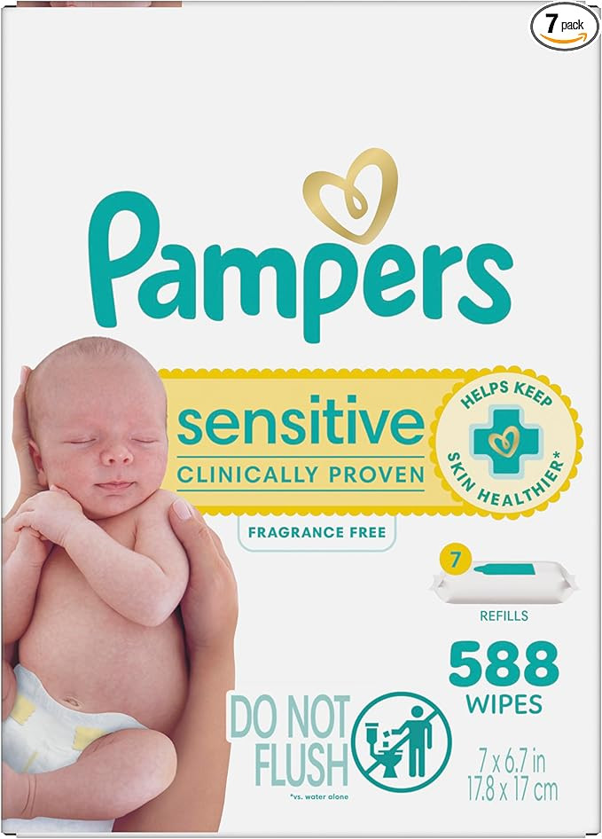 Pampers Baby Wipes Sensitive, Water Based Wipes, Hypoallergenic and Unscented for Babies, 588 Wip... | Amazon (US)