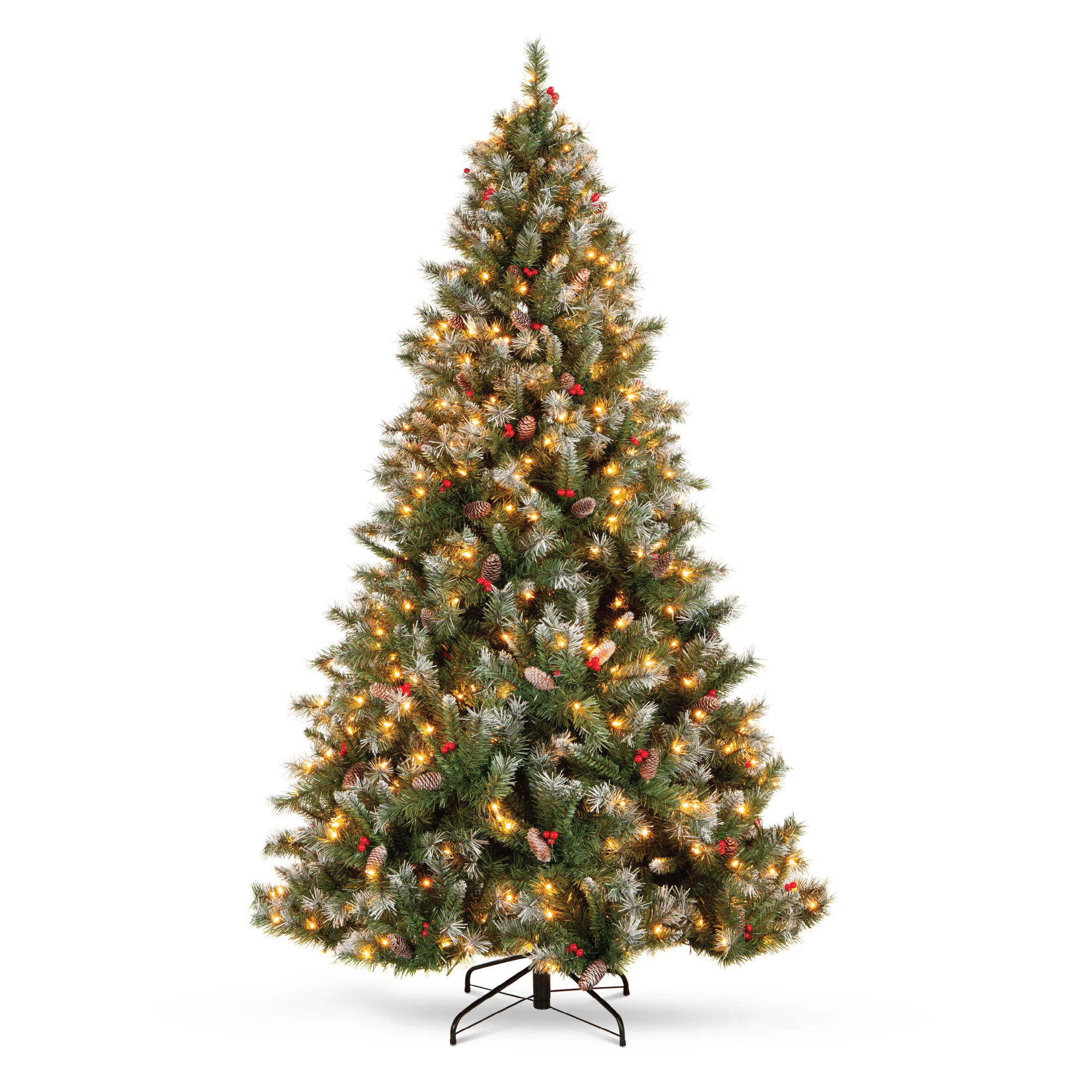 Pre-Lit Christmas Pine Tree w/ Pine Cones, Flocked Branch Tips, Berrie | Best Choice Products 