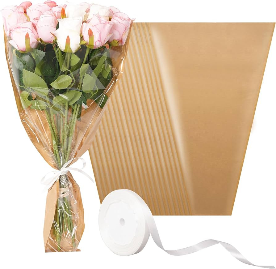 Kosotody 50Pcs Flower Bags for Bouquets,Flower Packing Kraft Paper Sleeves with Ribbons for Flori... | Amazon (US)