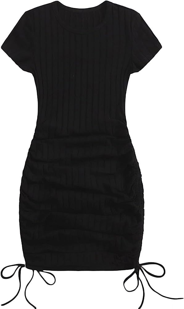 SOLY HUX Women's Short Sleeve Ruched Drawstring Tie Side Ribbed Knit Bodycon Dress Black M | Amazon (US)