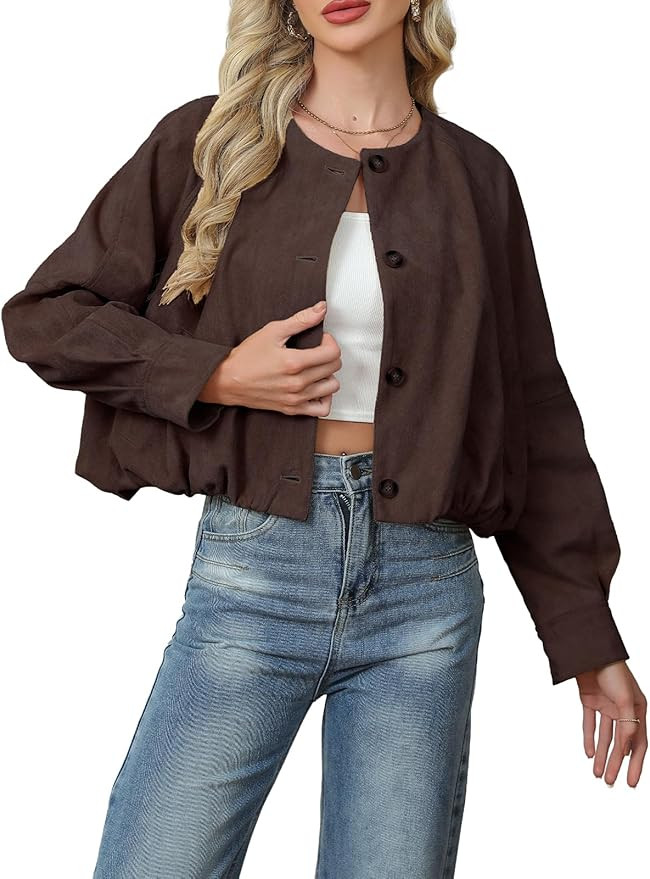 SCOFEEL Women’s Cropped Faux Suede Jacket Casual Collarless Short Bomber Jackets Button Up Fall... | Amazon (US)