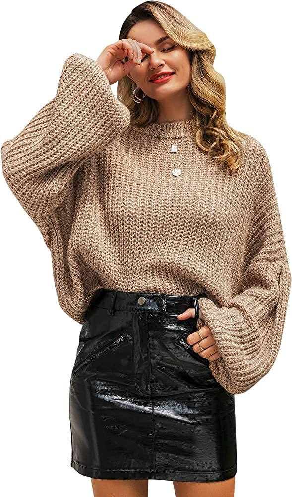 Simplee Women's Oversized Cropped Sweater Lantern Long Sleeve Loose Knit Pullover Sweater | Amazon (US)