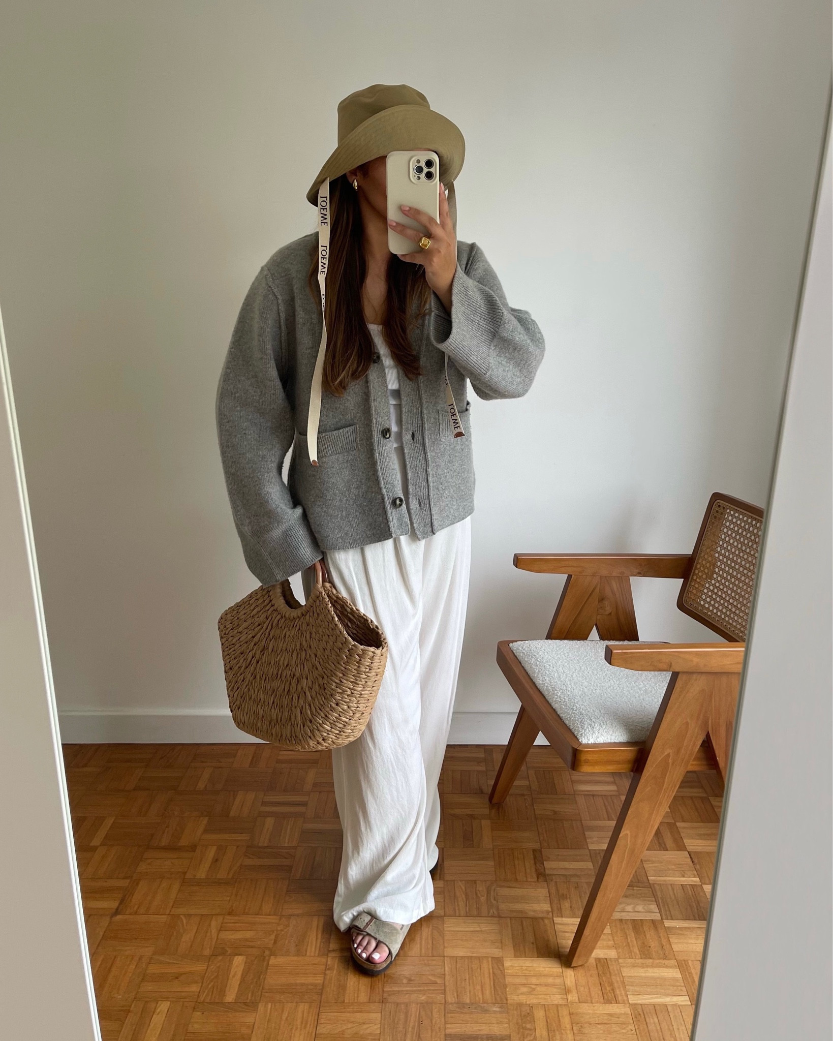 loewe hat, basket bag, khaite cardigan, summer outfit, outfit inspo, linen trousers