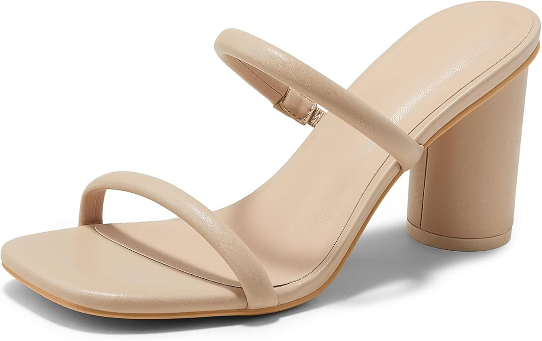 Nude Slip on Heels Women Black Heeled Sandals Dressy Square Toe Block Chunky Clear Slide Heels fo... | Amazon (US)