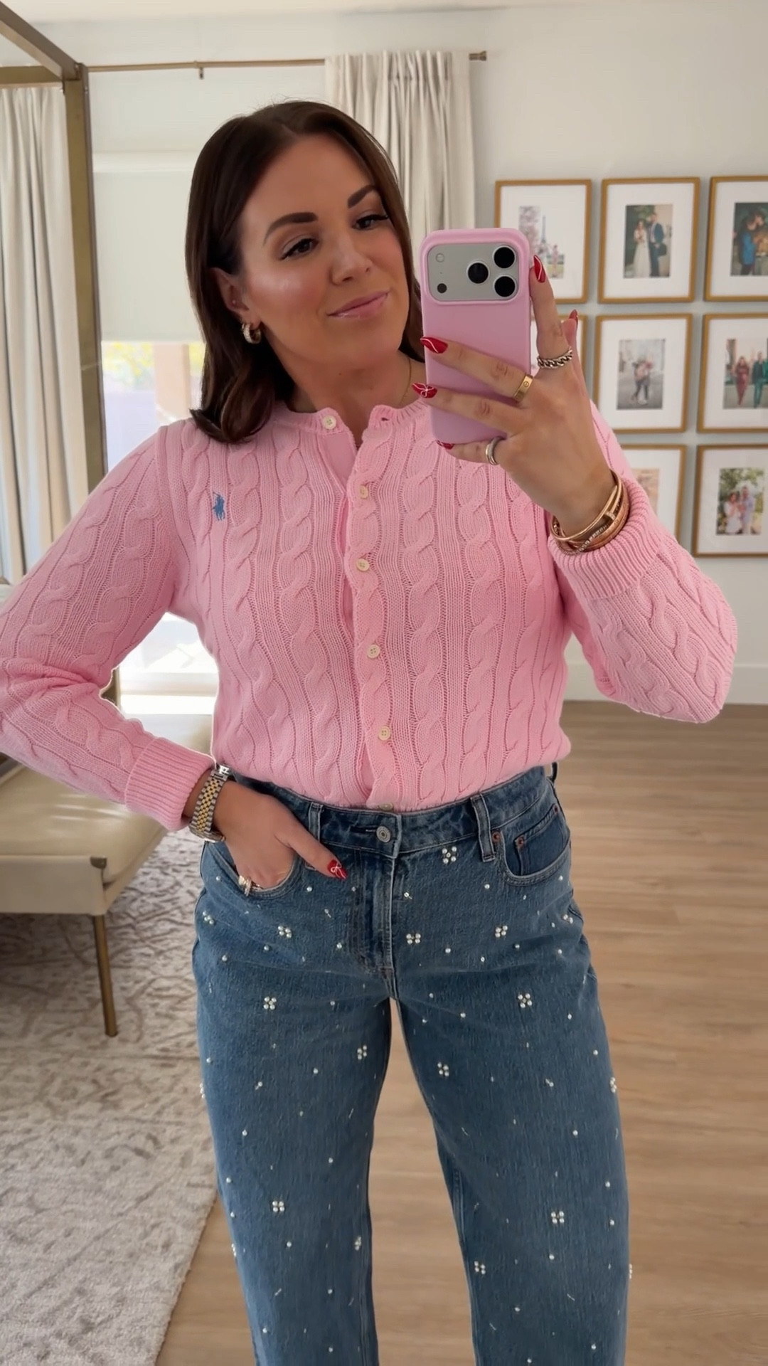 what i wore to my twins birthday party! curvy midsize winter look. wearing size large in pink cable knit cardigan and size 30 in pearl embellished denim 

#LTKSeasonal #LTKMidsize #LTKSaleAlert
