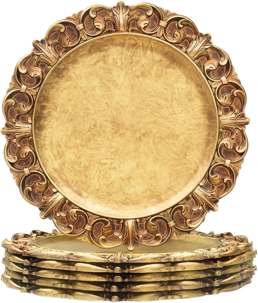 MAONAME 14" Antique Gold Charger Plates with Embossed Rims, Set of 6, Plastic Plate Chargers for ... | Amazon (US)
