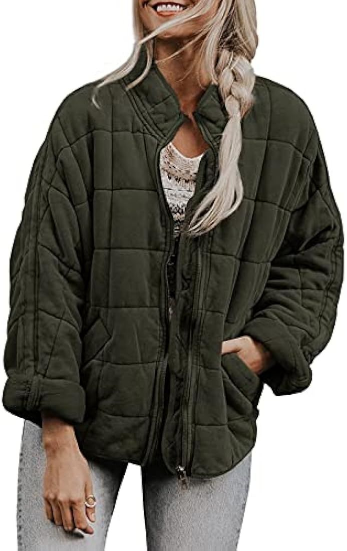 FeMereina Womens Dolman Lightweight Quilted Jackets Zip Up Long Sleeve Stand Neck Pockets Coat Wa... | Amazon (UK)