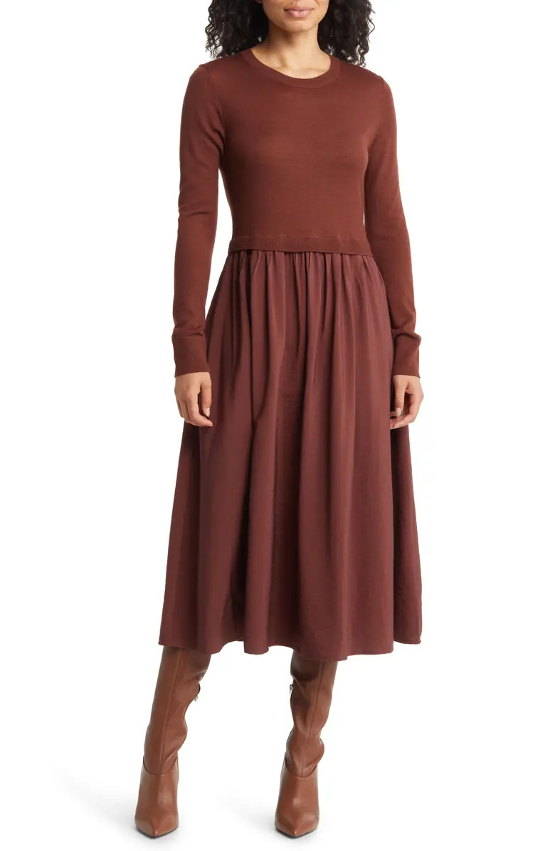 Mixed Media Long Sleeve Midi Dress | Nordstrom