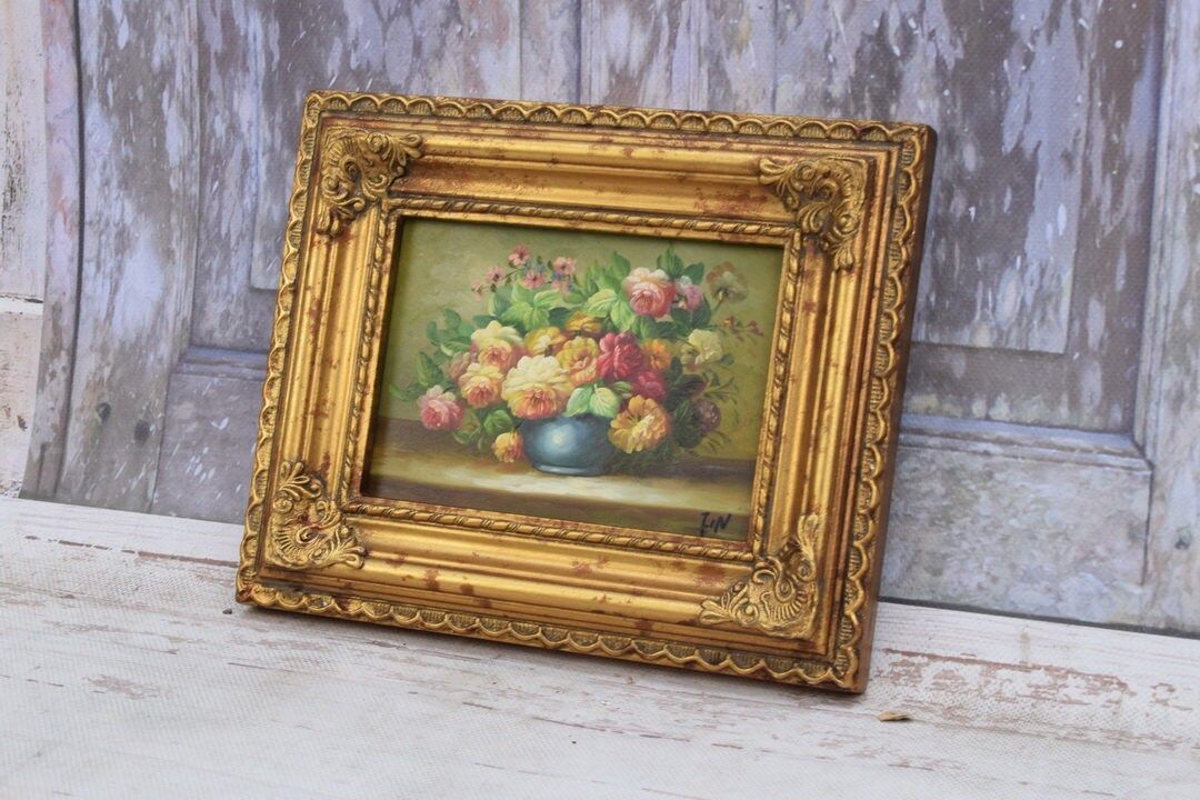 Flowers Painting in Golden Frame, Flower Art, Painting on Wood, Goldene Frame, French Art, Gift I... | Etsy (US)