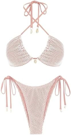ZAFUL Women's Triangle Bikini Multiway Fishnet Tie Side Bandeau Halter String Bikini Set Two Piec... | Amazon (US)