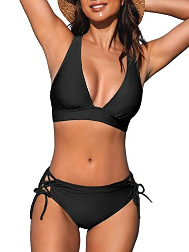 CUPSHE Women's Bikini Set Deep V Neck Two Piece Swimsuit Mid Rise, M Black | Amazon (US)
