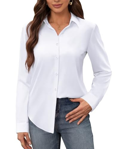 siliteelon Button Down Shirt Women White Collared Stain Shield Dress Shirts Wrinkle Free Long Sleeve Business Button Up Shirt Stretch Fitted Solid Casual Work Blouse | Amazon (US)