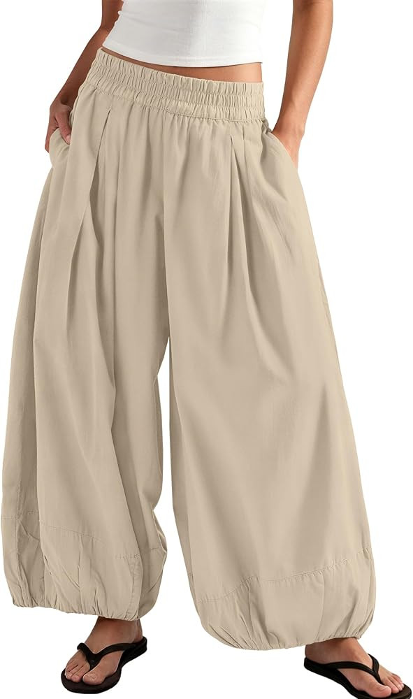ReachMe Womens Elastic High Waist Wide Leg Barrel Pants Flowy Baggy Balloon Trousers Summer Beach... | Amazon (US)