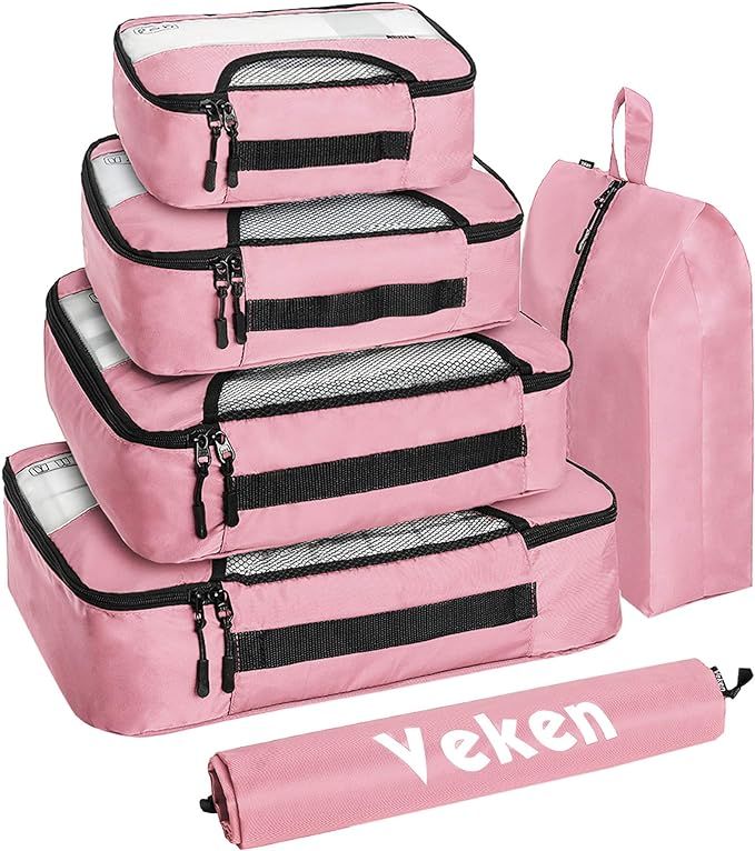 Veken 6 Set Packing Cubes, Travel Suitcase Luggage Organizers with Laundry Bag & Shoe Bag (Pink) | Amazon (US)