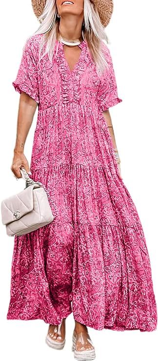 Acelitt Womens Casual Short Sleeve V Neck Ruffle Tiered Swing Floral Boho Long Maxi Dress, S-XL | Amazon (US)